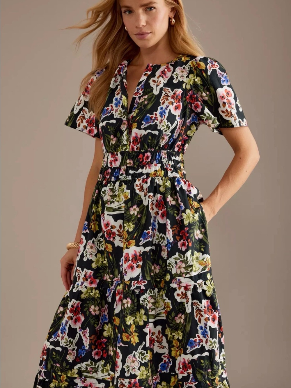 Anthropologie The Somerset Maxi Dress Short Sleeve Black Floral Smocked Waist XL - Picture 8 of 11